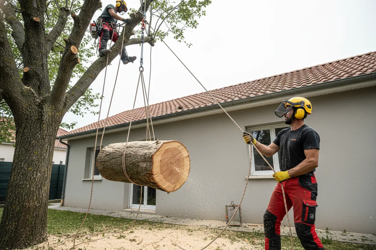 Démontage d'un arbre dangereux par sections avec cordes à Alès, Gard