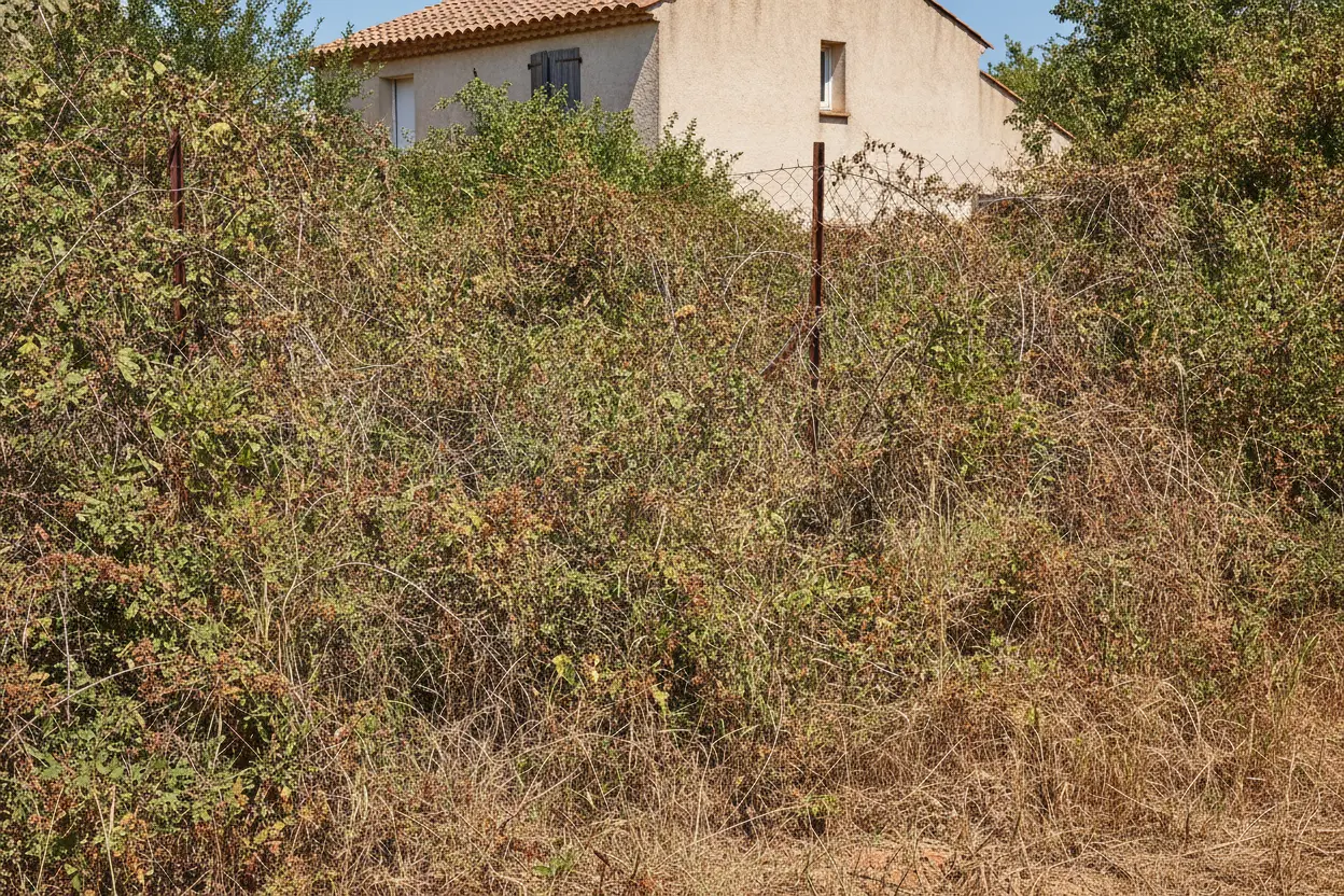 Terrain envahi par la garrigue et les ronciers avant débroussaillage à Alès