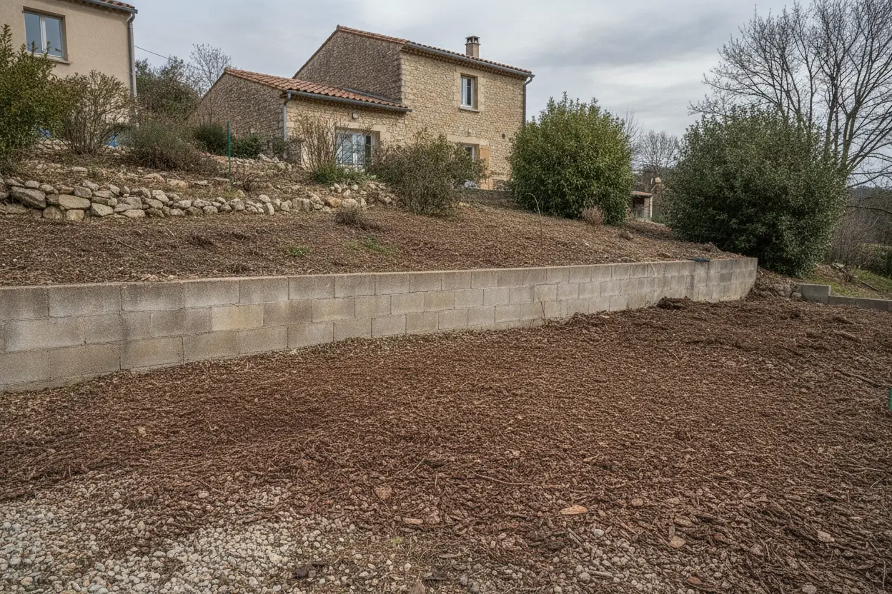 Terrain remis à plat après rognage de souche à Alès, copeaux évacués et sol comblé