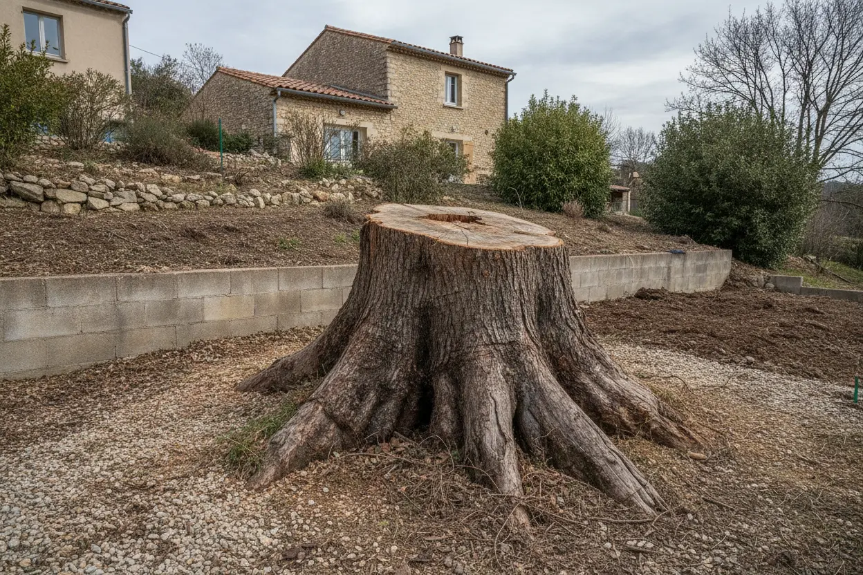 Grosse souche de platane encombrant un jardin en terrasse à Alès avant intervention