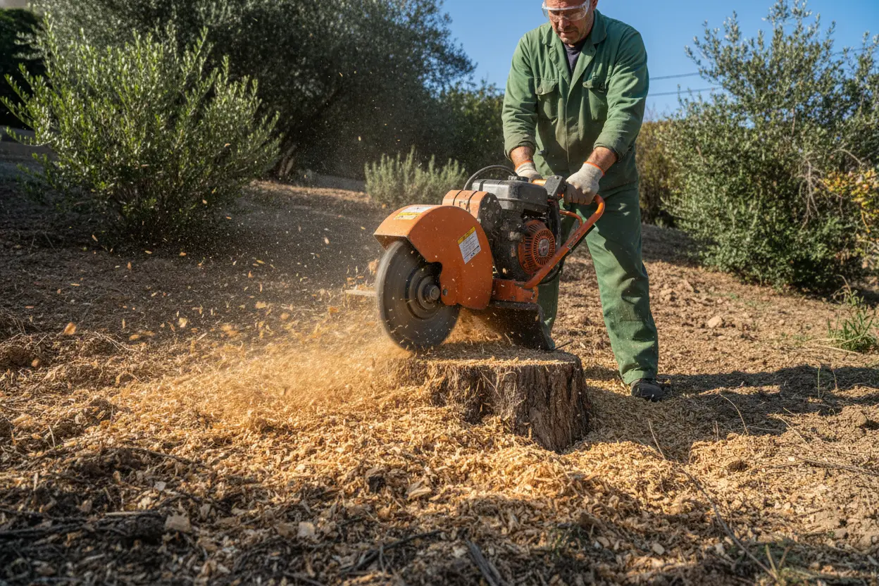 Rognage de souche avec fraiseuse motorisée dans un jardin en pente à Alès