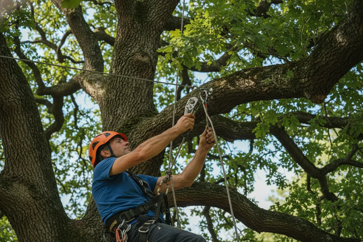 Arboriste certifié posant un câble de haubanage sur un grand arbre à Alès
