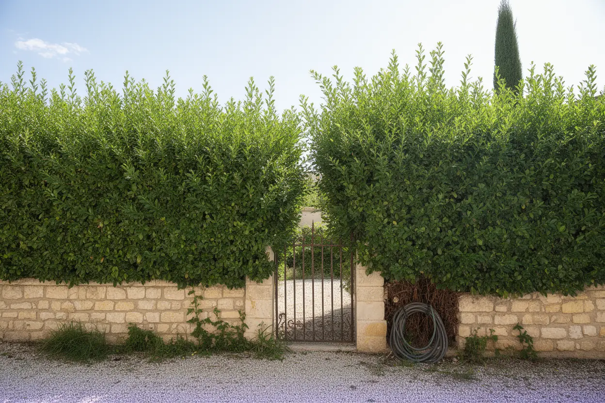 Haie de troènes envahissante avant taille dans le quartier Clavières-Croupillac à Alès