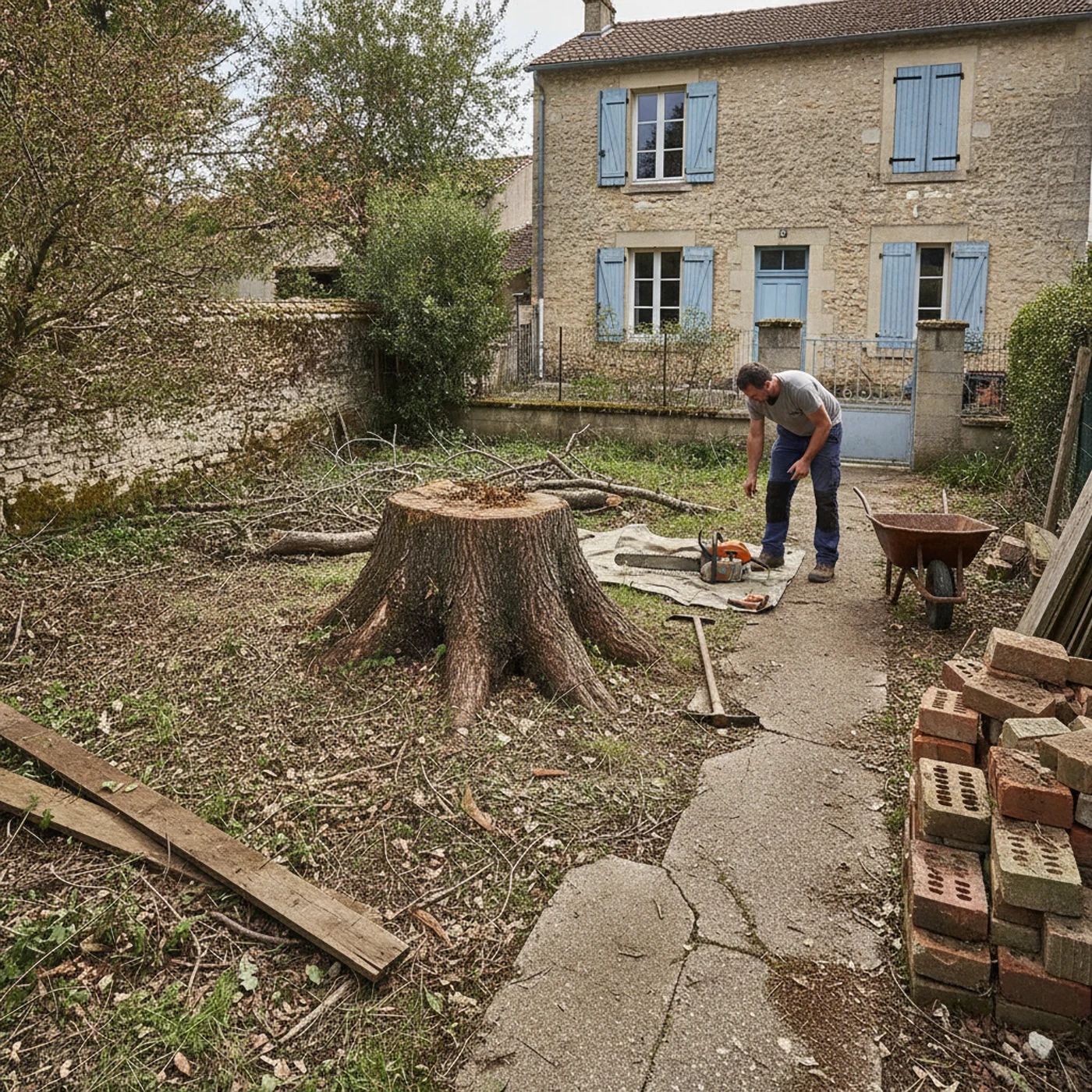 Souche gênante avant rognage dans un jardin de Saint-Hilaire-de-Brethmas