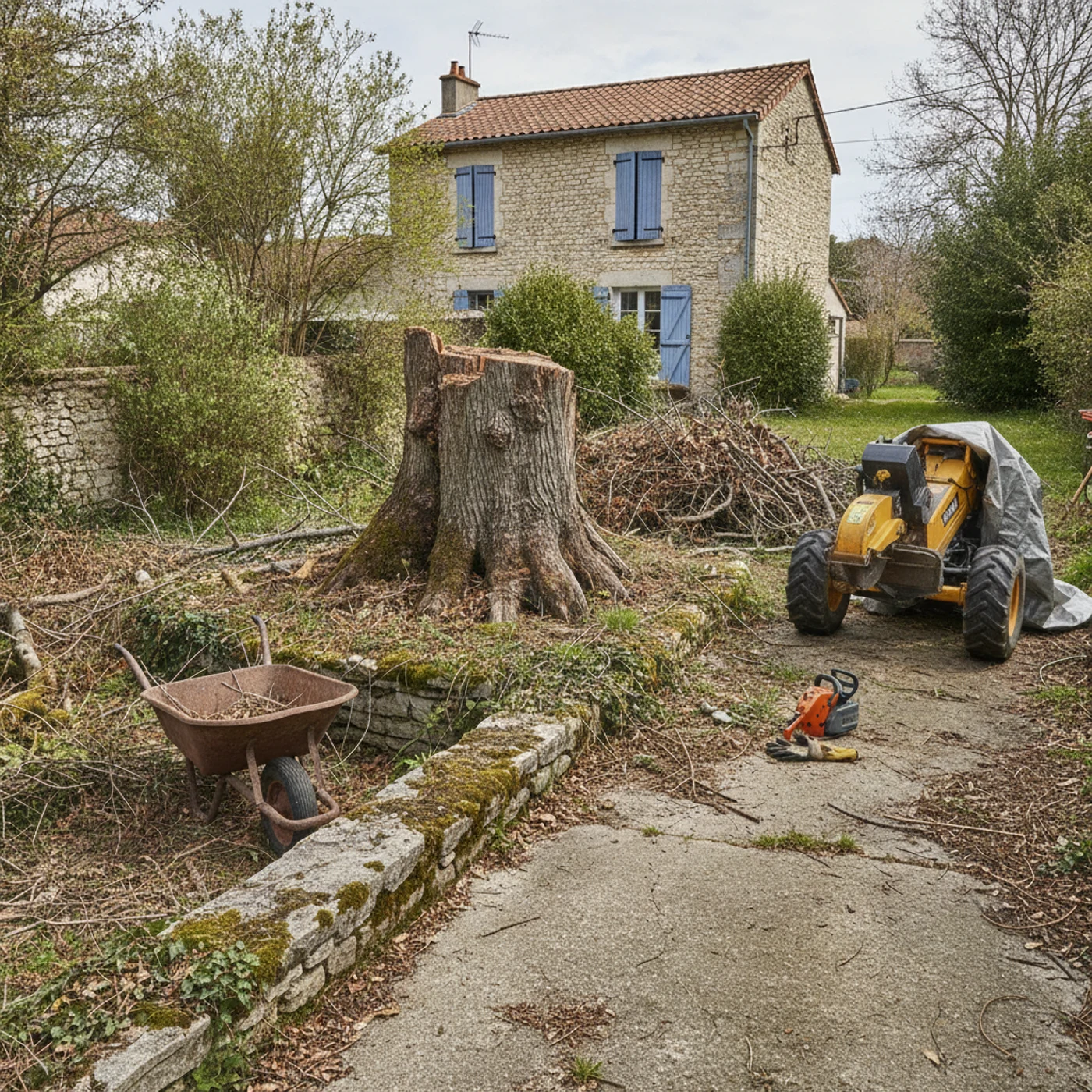 Souche gênante avant rognage dans un jardin de Saint-Julien-les-Rosiers