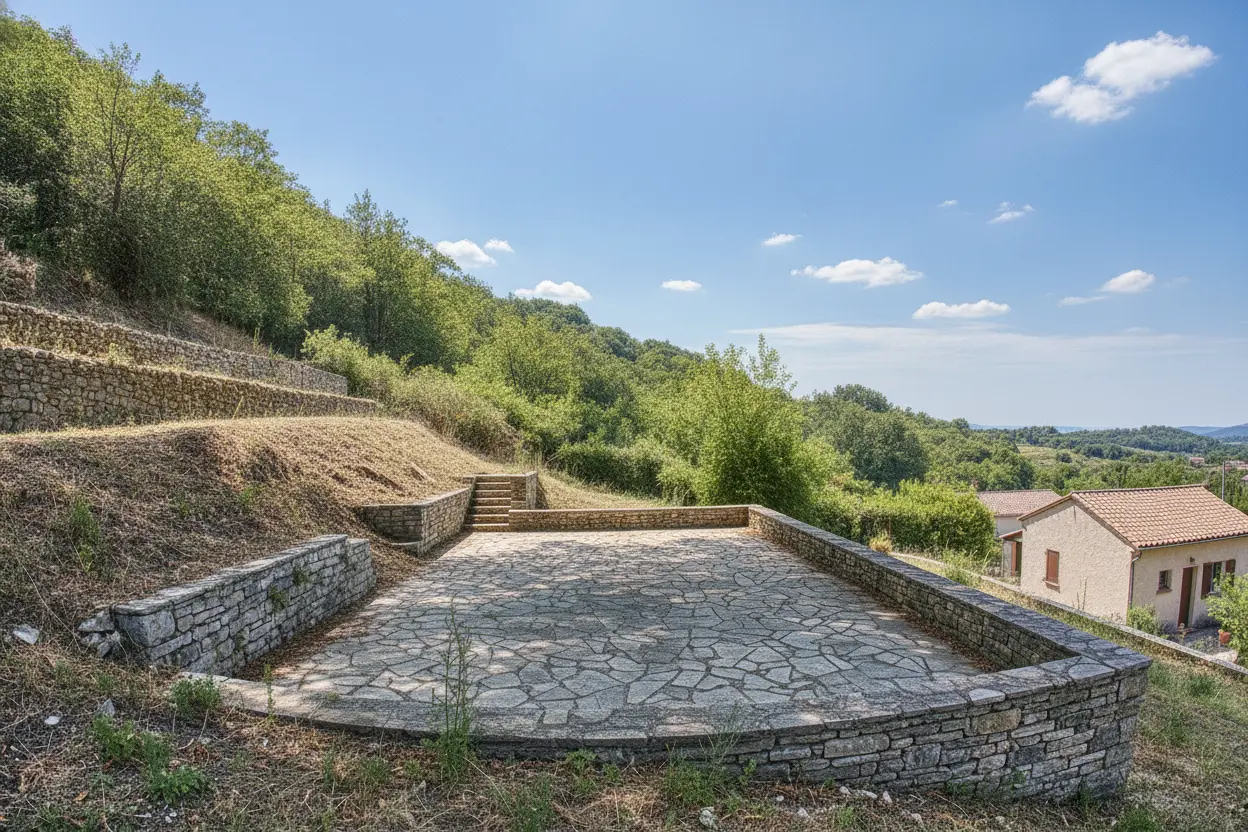 Terrasse dégagée après démontage du châtaignier par sections, souche rognée et végétaux évacués
