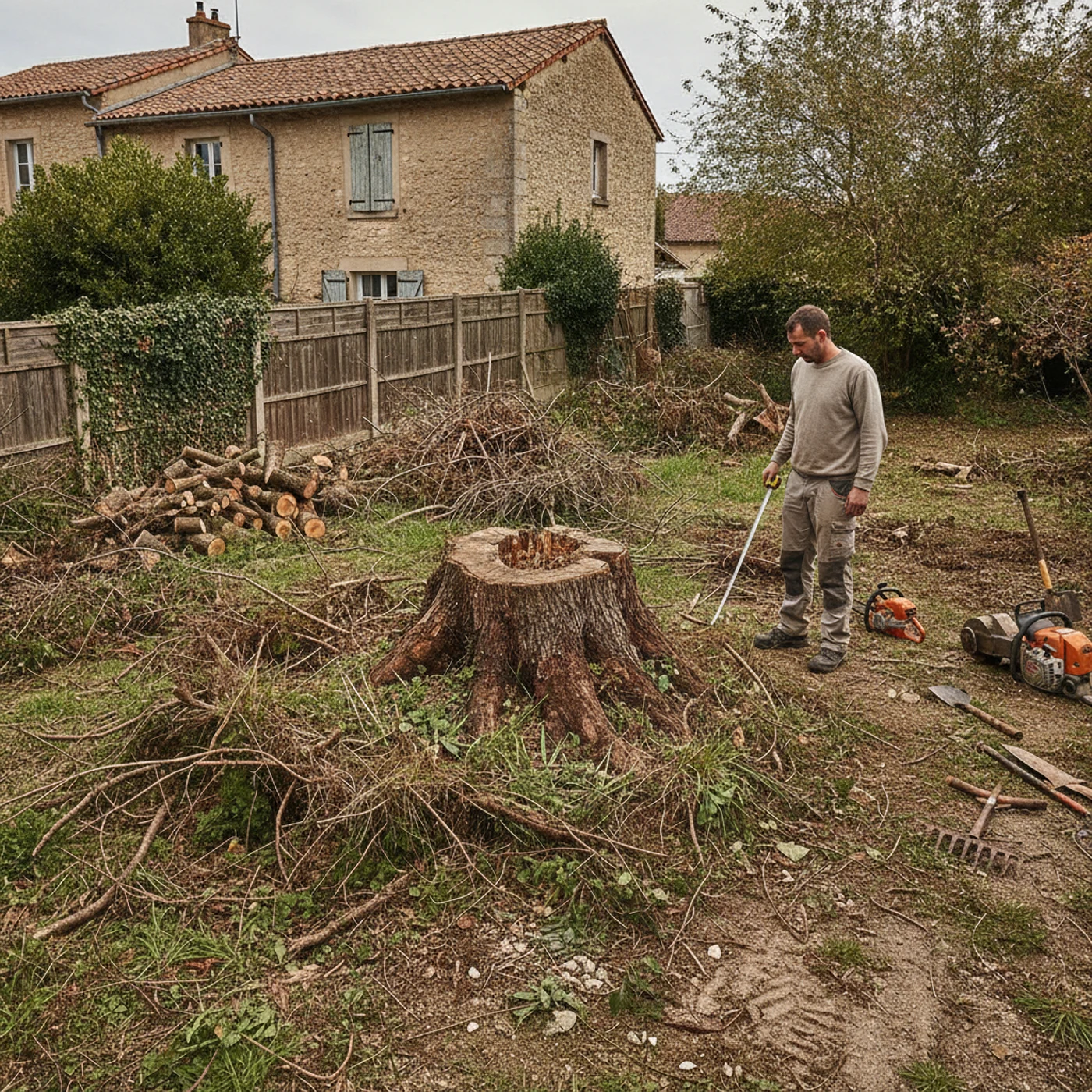Souche gênante avant rognage dans un jardin de Saint-Martin-de-Valgalgues