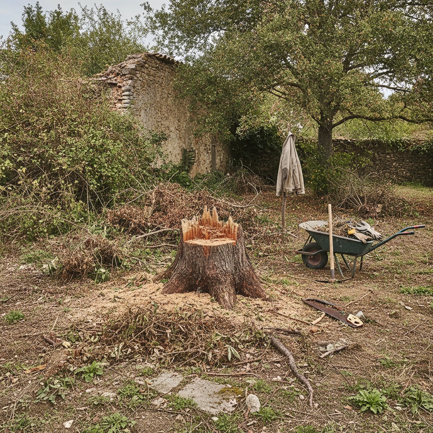 Souche gênante avant rognage dans un jardin de Saint-Privat-des-Vieux